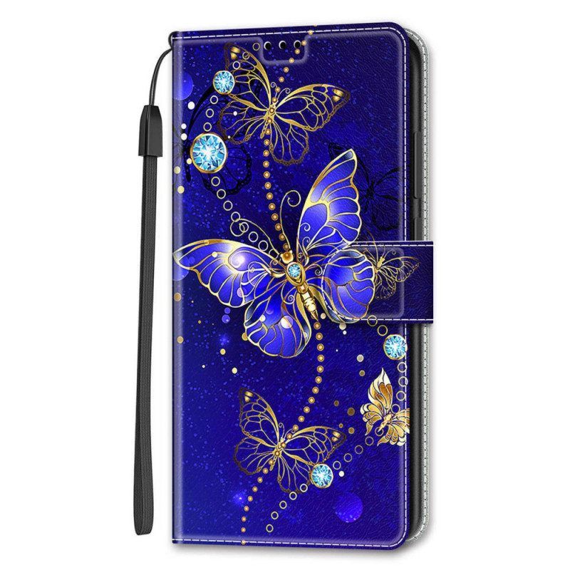 Θήκη Flip Samsung Galaxy S22 Ultra 5G με κορδονι Ανεμιστήρας Strap Butterflies